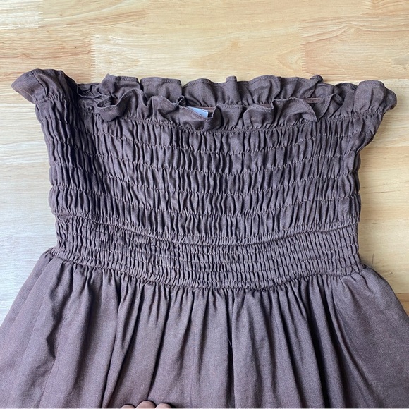 DISSH 'Thea' Chocolate Strapless 100% Linen Shirred Pleated Midi Dress Size 10 - Picture 10 of 13